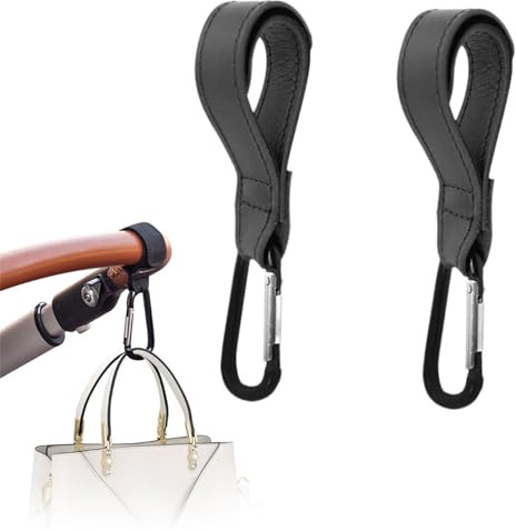 2 Pcs Stroller Hooks, Buggy Clips PU Leather Pram Hook Clips for Bags Handbag, Non-Slip Heavy Duty Universal Stroller Clips for Baby Travel Essentials, Carry 10kg per pram Clip (Black, 10kg)