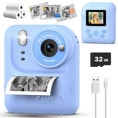 Teslahero Kids Camera Instant Print Photo, Portable Thermal Printing Camera Toy with HD Digital Video, for 3-12 Years Old Boys Girls, Creativity & Learning (Blue)