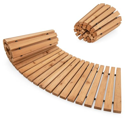 FANTASK Gartenweg aus Holz, Ausrollbarer Holzweg mit Rutschfester Oberfläche & Metalldraht, gebogener Gehweg Holzsteg für Terrasse Hinterhof Rasen, Natur (43 x 216 cm)