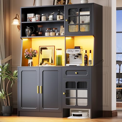 Sweiko Armoires de Cuisine, éléments Hauts et vaisseliers avec Portes vitrées et éclairage LED (Black, 130 x 45 x 180 cm)