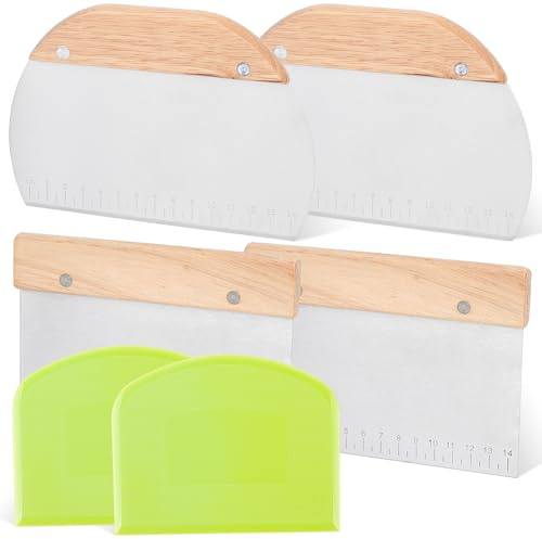 CAIYUANGUANGJIN Dough Scraper Set of 6, Stainless Steel Bread Cutter with Ergonomic Wooden Handle & Plastic Bowl Scraper, Baking Tools with Measurement Scale for Pizza Dough Pastry Cutting