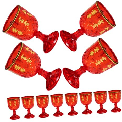 PAMINGONO 12 Bicchieri Rossi in Plastica per Feste di Matrimonio, Coppe di Vino Piccole da 40 Ml Caratteri Cinesi di Buona Fortuna, Forniture per Vino la Casa e Ricevimenti