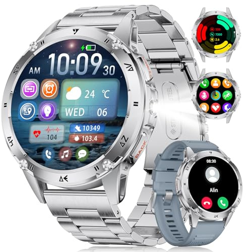 CHOOSETIME Smartwatch Herren, Bluetooth Anrufe, 1.43 HD Amoled Display, LED-Taschenlampe, 110+ Sportmodi Fitnessuhr, Herz-/Schlafmonitor, IP68 Wasserdicht, Sportuhr für Android iOS,Silber