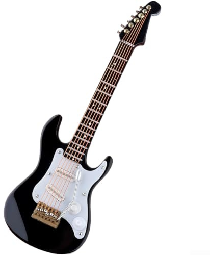 Guitare électrique miniature 14 cm Réplique en bois avec cordes et chevilles d'accordage pour affichage couleur noire avec support et étui en velours (noir)