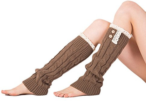 TININNA Damen Frauen Winter Vintage Spitze Knopf Strick Stulpen Gestrickt Beinstulpen Beinwärmer Strümpfe Khaki EINWEG Verpackung