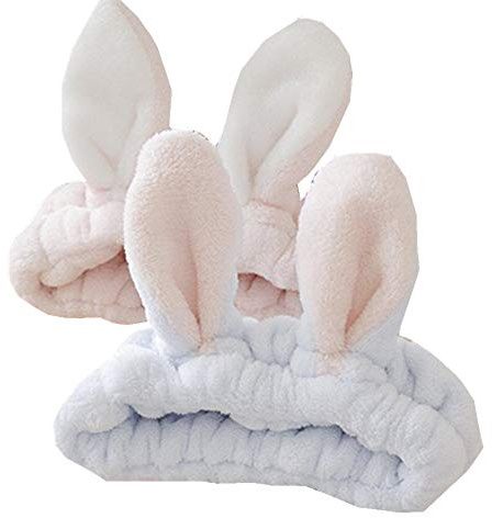 bouti1583 Women Fashion Soft Flannel Bunny Ear Makeup Cosmetic Shower Elastic Headband 2Pcs