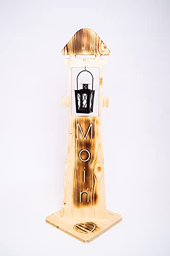 Der Einschneider Willkommensschild Leuchtturm NR12 Geflammtes Herzlich Willkommen Schild - Türschild Holz Deko, Gartendeko, Türdeko - Lackiert & Wetterfest - 25 x 20 x 79 cm