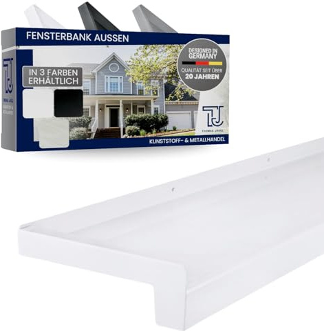 TJ Fensterbank Außen I 195 mm x 800 mm I Weiß RAL 9016 I hochwertiges Aluminium Fensterbrett mit Seitenabschluss I pflegeleichter & langlebiger Alu Fenstersims I pulverbeschichtete Außenfensterbank