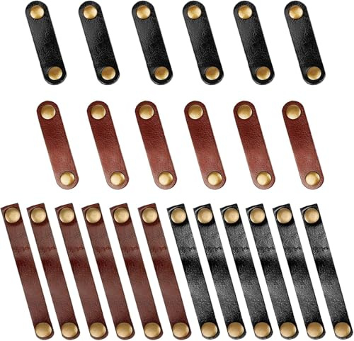 Viaky 24-Pack Leather Cord Organizer Cable Straps, Portable Headphone Usb Cables Keeper Management Ties For Car Office Home (2 Sizes, Black Brown)