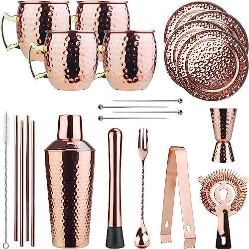 Arora Moscow Mule Lot de 23 ustensiles de bar professionnels en acier inoxydable plaqué cuivre pour mélanger les boissons, maison, bar, fête