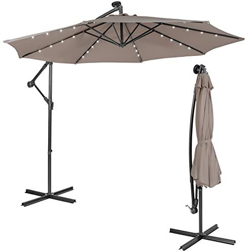 Tangkula 10 ft Cantilever Umbrella w/32 Solar-Powered LED Lights, Functional Tilting System & Hand-Crank Mechanism, Patio Offset Umbrella for Backyard, Poolside, Market, Cross Base Included
