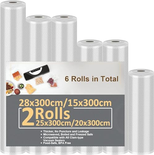 Sacchetti Sottovuoto Alimenti 6 Rotoli 15/20x2/25x2/28x300cm, Senza BPA | Per Macchina Sottovuoto, Cottura Sous Vide, Frigorifero, Microonde, Conservazione Alimenti, Antistrappo Goffrati, Resistente