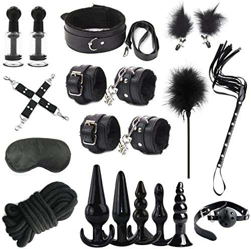 BDSM Fesseln Sex Set Perfekt Bondage Set 18 Stück,Handschellen Sex Bett Analplug Anal Dildo Set,Choker Nippelklemmen Nippelsauger Augenmaske Peitsche Knebel,SM Sex Spielzeug ab 18 für Paare Extrem
