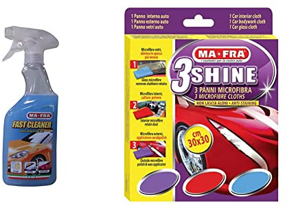 Mafra, Fast Cleaner, Pulitore Rapido Lucidante e Lubrificante per Claybar, Elimina lo Sporco Superficiale e il Guano dei Volatili & 3Shine, Tris Panni in Microfibra per Pulizia Vetri