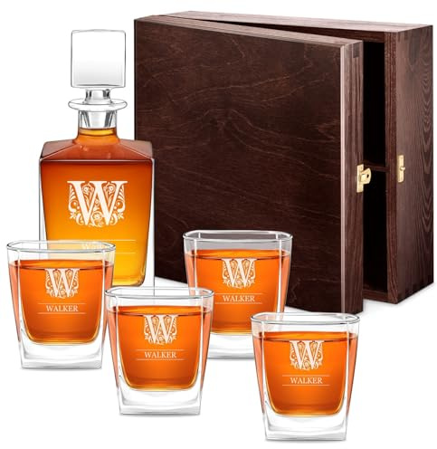 Maverton Customised Whiskey Set for Man, Stylish Carafe, Ornament | with 4/6 Glasses for him, Glass Bottle for Gentleman, Engraved Glassware for dad, Personalised Whisky Glasses for Birthday