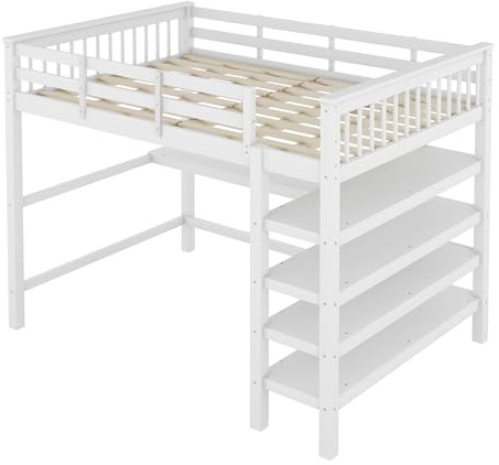 KecDuey 140 x 200cm Hochbett,Etagenbett,Kinderhochbett mit Lattenrost aus Holz,mit Leitern,Ablagefächern und Unterbettschreibtisch (Weiß, 140 x 200cm)