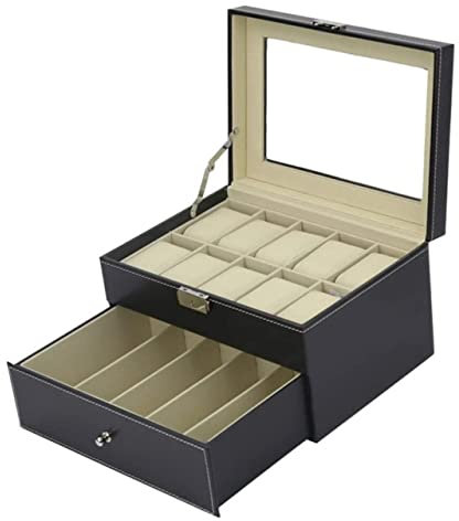 AMYSTY Uhrenkoffer Uhrenrolle Uhrenbox Uhrenschatulle Uhrenaufbewahrungs-Organizer10 Uhrenfach 5 Brillengitter Sonnenbrillen Uhrenetui Halter Display Aufbewahrungsbox Uhrenetui Uhren Aufbewahrungsbox