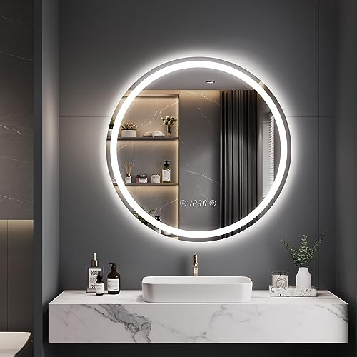 Dripex Badspiegel mit Beleuchtung Rund Led Spiegel mit Uhr und Touch-Schalter, Dimmbar, 3 Lichtfarbe Einstellbare Runder Badezimmerspiegel mit Beleuchtung, Beschlagfrei 50x50 cm