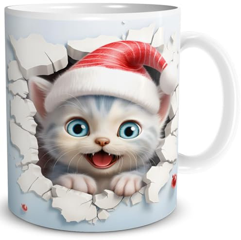 TRIOSK Weihnachtstasse 3D Illusion Katze mit Weihnachtsmotiv Becher-Durchbruch - Lustige Geschenkidee für Frauen, Katzenliebhaber, Männer & Kollegen - Keramik-Tasse 300 ml, Blau