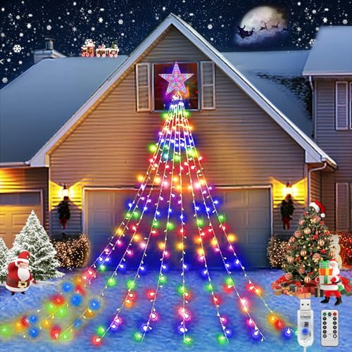 JIMACRO Luces de Navidad Decorativas, 9Pcs 2M Cascada Luces de la Cadena, 198 LEDs 8 Modos Impermeable USB LEDLuces Arbol Navidad con Estrella para, Arbol DeNavidad, Bodas, Jardín