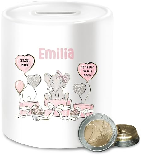 Spardose - Baby Geschenk zur Geburt Mädchen Elefant personalisiert Name Geburtsdaten I Taufe - Unisize - Weiß - Geschenke Babygeschenk personlisiert Geburtsgeschenk Elefanten Geld tauf