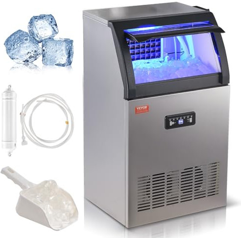 VEVOR Máquina para Hacer Cubitos de Hielo Comercial 52kg/24h, 50 Bandejas para Cubitos de Hielo Capacidad de Almacenamiento de 15 kg Autolimpieza Sin Instalación Independiente para Hogar, Restaurante