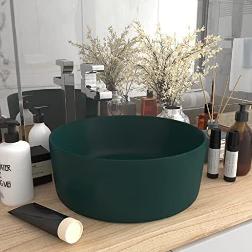 FOZICV LuxuriöSes Waschbecken Rund Matt Dunkelgrün 40x40x15 cm Keramik Badmöbel Washbasin Aufsatzwaschbecken Rund Spülbecken Rund Badezimmer Waschbecken Aufsatzwaschtisch Bathroom Sink