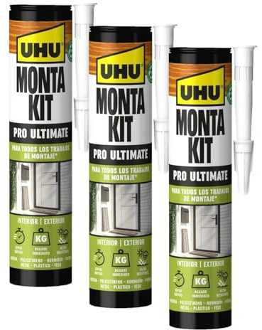 Pegamento UHU Monta Kit® Ultimate | Adhesivo de Montaje Extrafuerte, Pegamento Fuerte Para Todo Sin Disolventes, Blanco | 440g (Paquete de 3)