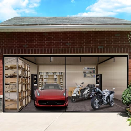 Mightree Garagen-Fliegengittertür für 2 Autos mit strapazierfähiger gewichteter Unterseite, Fiberglas-Magnetschutz, einfache Montage und Pass- und Schließung, hält Insekten fern, Schwarz, 4,8 x 2,1 m