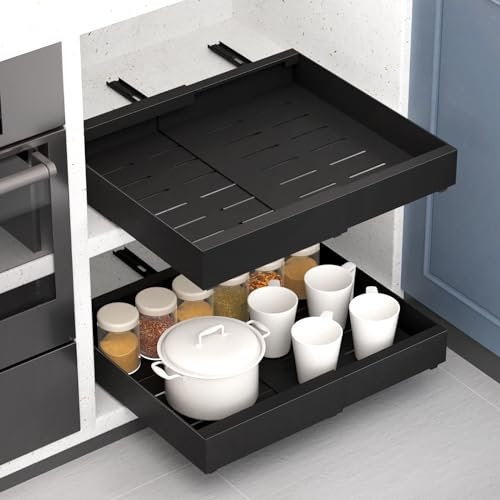 Alishomtll Teleskopschublade, Ausziehbare Schublade Küchen, Küchenschrank Verstellbare Breite, Metall Schrank Organizer Ausziehbar Kein Bohren, für Küche, Bad, Wohnzimmer, 31-51x42x7cm Schwarz