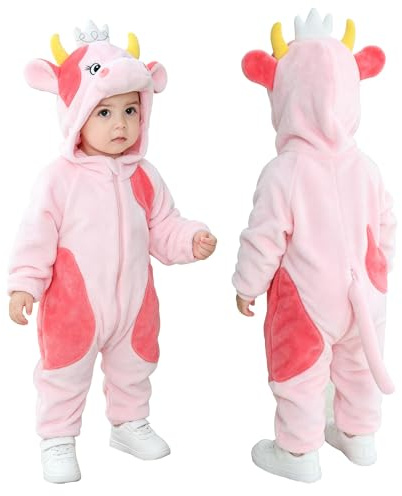 Doladola Babys Onesies med huva tecknat djur sparkdräkt baby myskläder nyfödd kläder overall(4-5 år,Rosa ko)