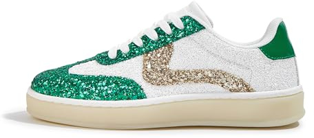 LUCKY STEP Glittersneakers för kvinnor mode retro vardaglig glittrande bling glänsande uppklädda behåliga brudbröllop halkfria promenadskor, Grön/vit, 42 EU