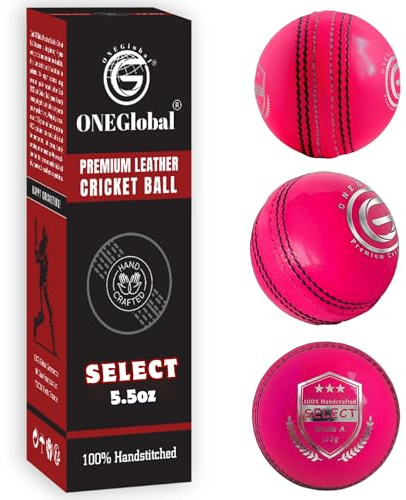 ONEGlobal Select Cricketboll i läder | 100 % handgjord, 156 g - 5,5 oz, 4-delad konstruktion | Perfekt för T20, nätträning, träning etc.