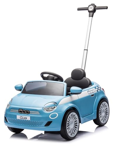 TURBO CHALLENGE - FIAT 500 E – Lauflernhilfe – 119502 – Freiräder – Blau – max. 25 kg – Kunststoff – Batterien Nicht im Lieferumfang enthalten – Führungsstange – Spielzeug für Kinder – Geschenk –