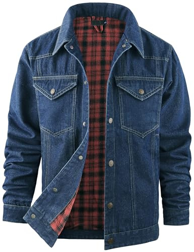 Rousytn Men's Flannel Lined Denim Jackets Cowboy Cut Western Vintage Rugged Jean Trucker Jacket with Pockets(DarkBlue-L)