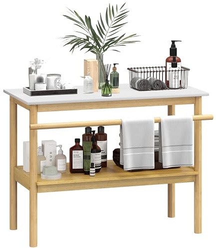 HOMCOM Förvaringshylla för badrum, 2 nivåer bambu badrumsskåp med handdukshängare, öppen hylla, dim. 100 l x 48 D x 75 cm, naturlig och vit