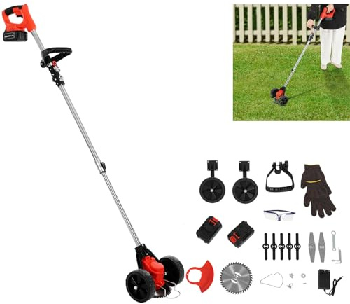 Rasentrimmer mit Akku,21V Freischneider mit 2x1500mAh Li-on-Batterien und Ladegerät,Elektrischer Unkrauttrimmer mit 8X Klingen&2X Abnehmbare Räder,Verstellbarer Griff,Elektro Trimmer Gartenkantenfräse