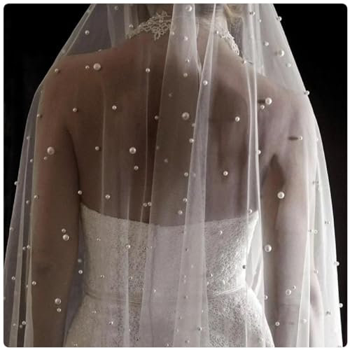 Langer Kathedralen-Brautschleier, Eleganter einlagiger Schleier mit Perlen, Brautaccessoire für Bräute, Kopfschmuck für besondere Anlässe, Elfenbein/Off-White, 200 cm