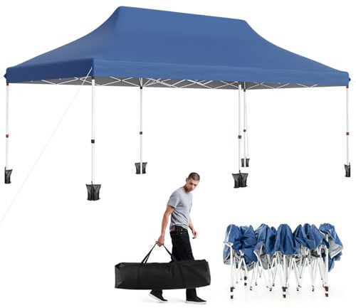 GOPLUS Tonnelle Pliante 3x6m Imperméable, Tonnelle Barnum Pliante 3x6 de Jardin Exterieur, Sac de Transport, Sac Lesté, Pavillon de Jardin Pop-Up pour Fête, Mariage (Bleu|3x6 sans Bâche)