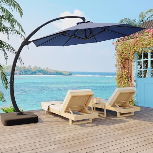 11 ft Cantilever Patio Umbrella With Base Included, Cantilevers Outdoor Umbrella Heavy Duty Offset, Aluminium Curved Cantilever Umbrella