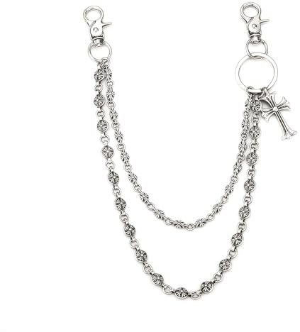 XFSRG Catena da Jeans Vintage con Doppia Catenella e Croce Pendente Metallo Argento Inciso, Perfetta come Portachiavi o Accessorio da Cintura per Look Punk e Street