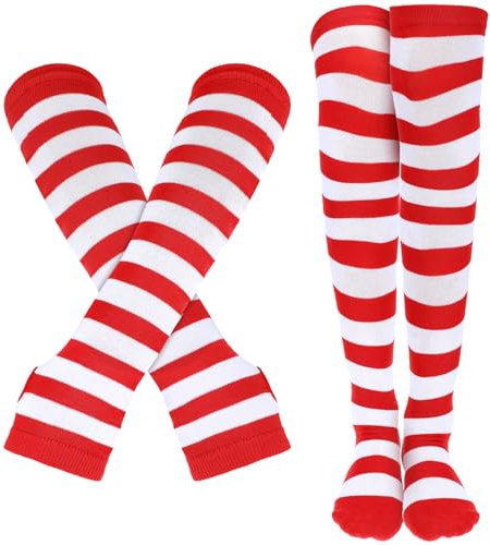 Red and White Striped Knee High Socks and Fingerless Arm Warmers Set Christmas Thigh High Socks Long Striped Gloves for Women Girls Christmas Outfit Candy Cane Halloween Party Accessories