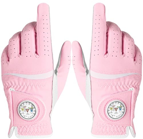 AXKAL Hochwertige, bequeme Damen-Golfhandschuhe mit Ballmarker, 2 Stück, Allwetter-Griff, weicher Handschuh für Links- und Rechtshänder, reguläre atmungsaktive Passform, Geschenk für Damen (Rosa, M, 1