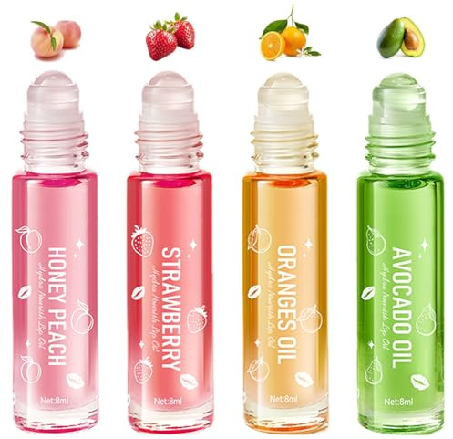 Set di 4 lucidalabbra Fruity idratante, olio per labbra, incolore, fruttato Roll on Lip Oil, Lip Glow a lunga durata, per labbra secche