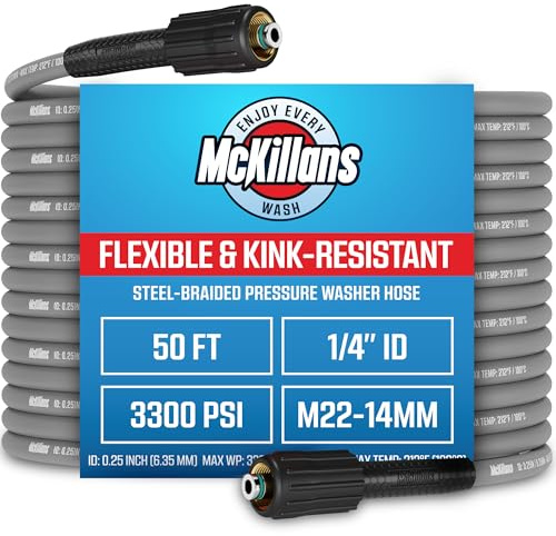 McKillans Hochdruckreiniger-Schlauch, 15,2 m, flexibel und knickfest, stahlummantelt und langlebig, M22–14 mm Edelstahlstecker, Hochdruckreiniger-Schlauch, Hochdruck-Innendurchmesser, 15,2 m lange
