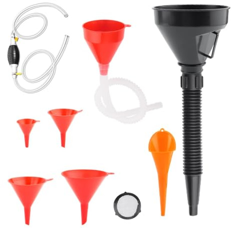 Kit Entonnoir Automobile - Bec Verseur Coudé Flexible avec Filtre | Goulotte Longue en Plastique | Remplissage, Liquide Refroidissement & Huile Moteur, Ensemble 8 Pièces Pompe Siphon Manuelle