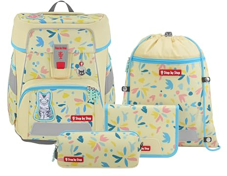 Step by Step Schulranzen-Set Space „Cat Lilly“ 5-teilig, gelb, Katzen-Design, ergonomischer Tornister mit Reflektoren, höhenverstellbar mit Hüftgurt für Mädchen ab der 1. Klasse, 20L