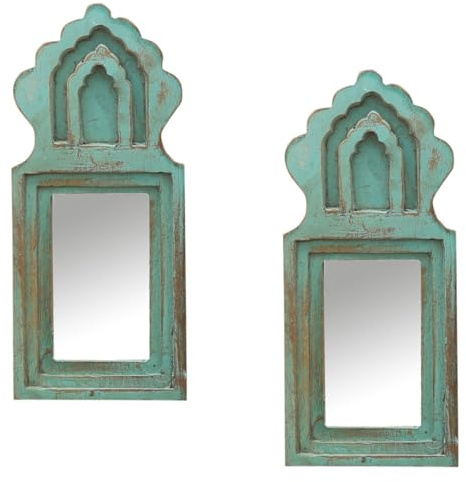 Marrakesch 2er Set Schminkspiegel für den Schminktisch aus Holz 22cm | Boho Deko Standspiegel klein Mukana Türkis | Vintage Wanddeko & Make Up Spiegel Kosmetikspiegel für Schlafzimmer Wohnzimmer & Bad