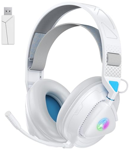 Awinnasey PH3 Kabelloses Gaming Headset für PS5, PS4, PC,Bluetooth-Kopfhörer mit 50 Stunden Akku, Gaming-Headset mit Mikrofon mit Geräuschunterdrückung, RGB Licht, Perlweiß