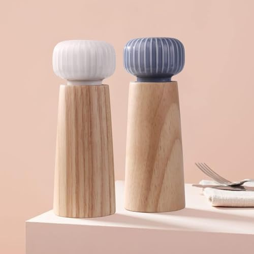 Wood and Ceramic Salt and Pepper Grinder Set, Adjustable Coarseness, Natural Wood, 17.5cm Tall, White and Blue Tops, 2 Piece